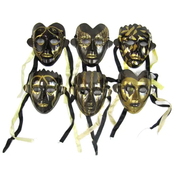 Antique Design Brass Mask Black And Gold Set Of 6 Indian Supplier Of Brass Mask For Decorative And Party Mask At Low Price