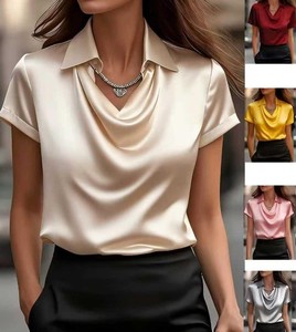 Blusa Elegante de Satén para Mujer, Manga Corta, Cuello Camisero, Color Sólido, para Oficina, Antiarrugas, Corte Regular - Product Image 3