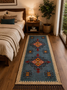 Handmade Blue Wool Jute <b>Runner</b> <b>Rug</b> Southwestern Boho Kilim Tribal Hallway Entryway Farmhouse Corridor Floor Decor Carpet - Product Image 5