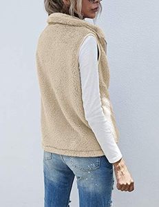Chaleco Casual de Mujer Beige de Forro Polar Sherpa con Cremallera Completa, Cuello Alto, Cálido y Suave, Sin Mangas, Calentador Corporal, OEM - Product Image 2