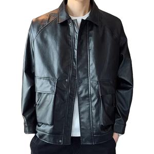 Chaqueta de cuero para hombre personalizada con cremallera pesada, ropa de calle de talla grande, logotipo personalizado de fábrica - Product Image 4