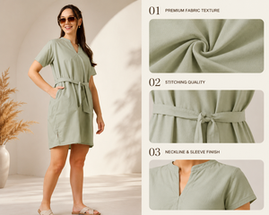 Premium Cotton <b>Dress</b> V <b>Split</b> Neck Short Sleeve Casual Summer <b>Dress</b> Sage Green Elegant Soft Breathable Women Shirt <b>Dresses</b> - Product Image 4