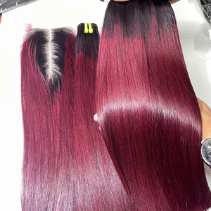 Perruque en mèches de cheveux naturels couleur vin foncé, qualité Super Double Drawn, cheveux vietnamiens de haute qualité, très vendue, avec closure. - Product Image 2