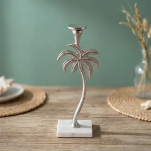 Portavelas de Aluminio Plateado con Base de Mármol Blanco, Soporte de Metal Tropical para Velas, Adorno Decorativo para Mesa de Estilo Costero - Product Image 6