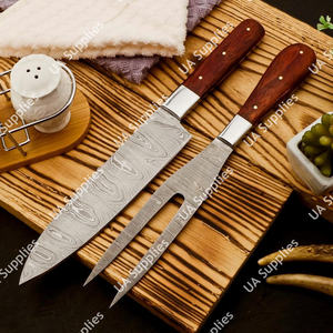 Ensemble de couteaux de chef en acier damas forgé à la main de qualité supérieure, 2 pièces, motif unique avec manche en bois, fourchette à viande, outils de cuisine et de barbecue - Product Image 6