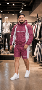REXFIT SPORTS 2026 Ensemble de survêtement personnalisé pour homme en nylon bordeaux et blanc, 2 pièces, veste coupe-vent à capuche et short, avec marque privée - Product Image 5