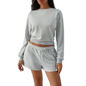 Femmes 2025 décontracté automne Jogging costume à manches longues pour salon ensemble avec au-dessus du genou Shorts solide motif correspondant tenues - Product Image 2