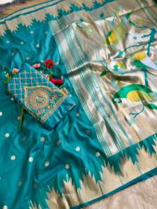 Sari de Seda Pathani Tradicional Suave con Tejido Zari, Diseño Bindi, Trabajo Meenakari, Pallu Rico, Sin Arrugas, Secado Rápido, para Bodas y Fiestas - Product Image 2