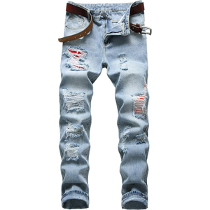 กางเกงยีนส์ทรงสลิมฟิตขาดๆ สำหรับผู้ชาย – กางเกงเดนิมขาตรงแบบขาดๆ แต่งรูแฟชั่น กางเกงลำลองสไตล์สตรีทแวร์ - Product Image 1