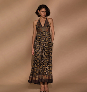 เดรสยาวทรงโบฮีเมียนสำหรับผู้หญิง คอ halter ผูกหลัง จับจีบ พิมพ์ลายดอกไม้ เปิดหลัง เอวทรงเอ็มไพร์ เหมาะสำหรับใส่ไปทะเลช่วงฤดูร้อน - หลายสี - Product Image 1