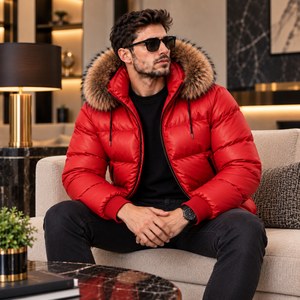 Veste matelassée de luxe décontractée pour homme, hiver, capuche en fourrure |   Veste brillante |   Doudoune Brillante |   vestes en cuir |   Piumino Lucido Uomo - Product Image 6