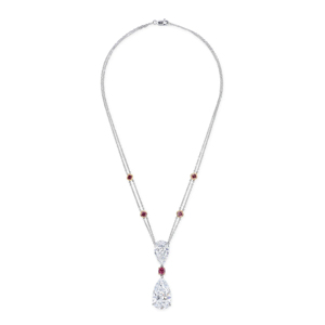 Collier pendentif de luxe pour femme en argent 925 plaqué rhodium avec diamant taille poire, chaîne goutte d'eau et accents de rubis - Product Image 1