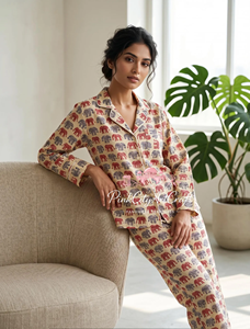 Premium 100% Cotton Digital Printed Elephant Motif Summer Knitted Night Suit Breathable High Quality Women's 2-Piece Pajamas Set - Product Image 5