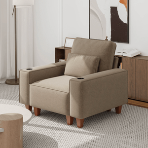 Fauteuil individuel moderne et confortable en chenille à assise profonde, avec porte-gobelet en acier inoxydable brossé et coussin décoratif, pour salon - Product Image 2