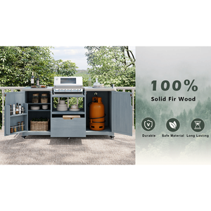 Carrello da Cucina per Esterni in Legno Massello da 169 cm per Griglie Big Green Egg con Piano in Acciaio Inox - Product Image 2
