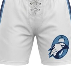 Men White Navy Blue Sublimated Ice Hockey Jersey Shorts Set Polyester V Neck <b>Athletic</b> Uniform Training Sports Apparel - Product Image 3