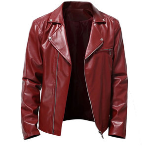 Men's Red PU Leather Moto Jacket Slim Fit Turn-down Collar Zipper Closure Autumn Wear - Product Image 1