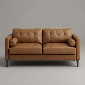 Sofá de Dos Plazas de Cuero Estilo Moderno de Mediados de Siglo con Tapicería de Cuero Vacuno de Primera Calidad y Cojín Decorativo para Espacios Hogareños Elegantes - Product Image 2