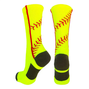 Neon Yellow Baseball <b>Knee</b> <b>High</b> Socks with Red Stitch Pattern Breathable Spandex Polyester Adult Sports Socks Summer - Product Image 1