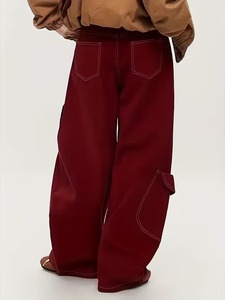 American Street-style <b>Burgundy</b> Wide-leg <b>Jeans</b> Are Simple Stylish Casual And Versatile with Contrast Stitching Decoration - Product Image 4