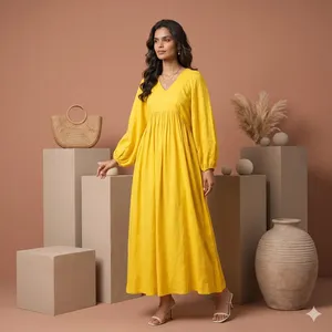 Bohemian Yellow Plain Cotton Maxi <b>Dress</b> With V-Neck <b>Loose</b> Fit Puff Sleeve Summer Casual <b>Dress</b> For Women - Product Image 5