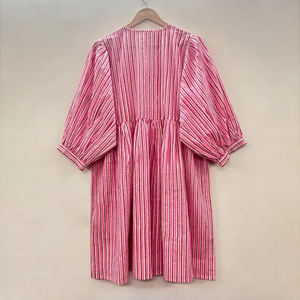 Vestido Casual Midi de Algodón Tejido con Estampado Floral para Mujer, Mangas Abullonadas, Cintura Imperio, Estilo Babydoll, Cuello en V, Corte Holgado - Product Image 5