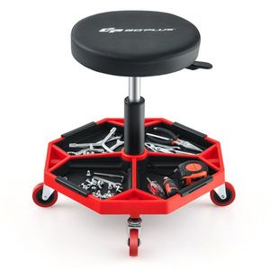 Sgabello Regolabile in Altezza con Ruote, Rosso, Resistente, con Vassoio Portautensili, Capacità 150 kg, per Riparazioni Auto - Product Image 1