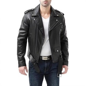 Blouson moto homme noir en cuir véritable avec fermeture éclair, poches ceinture, épaulettes, col rabattable, coupe ajustée, pour automne-hiver - Product Image 2
