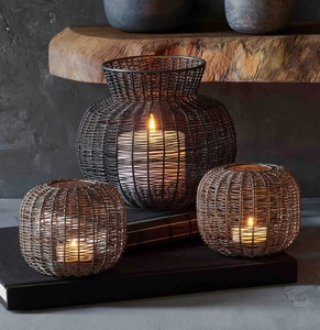 Handcrafted Woven Wire Metal <b>Hurricane</b> <b>Lantern</b> and Pillar Candle Holder with Bulbous Body for Indoor and Outdoor Home Decor - Product Image 1