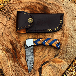 Couteau pliant artisanal en acier Damas, pointe tombante, manche en bois personnalisé, couteau de chasse de poche, étui en cuir, garantie 3 ans, DIY - Product Image 3