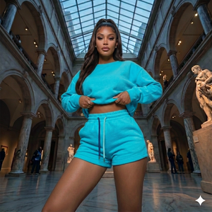 Ensemble décontracté 2 pièces pour femme : sweat-shirt et short, motif uni, 100 % coton, coupe classique, respirant, printemps-été - Product Image 6