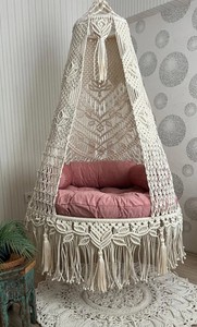Cream <b>macrame</b> swing with pink cushions, <b>Hanging</b> <b>Chair</b>, Hängesessel, Swing <b>Chair</b>, <b>Macrame</b> Rocking - Product Image 4
