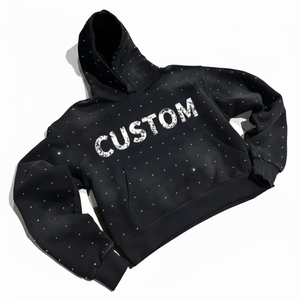 Sweat-shirt à capuche surdimensionné pour homme, avec logo personnalisé imprimé à l'écran et strass sur toute la surface, 100% coton molletonné. - Product Image 1