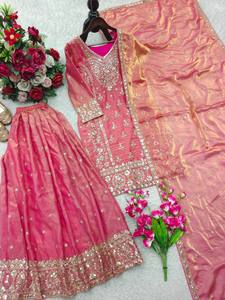 Women Traditional Pink Silk Salwar Kameez With Embroidered Dupatta Floor-Length <b>Wedding</b> Wear India Pakistan Style - Product Image 5