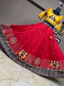 Heavy Cotton Gamthi Work Lehenga Choli With Mirror Work Rayon Cotton Dupatta Navratri Garba Festival Wear Set - Product Image 4