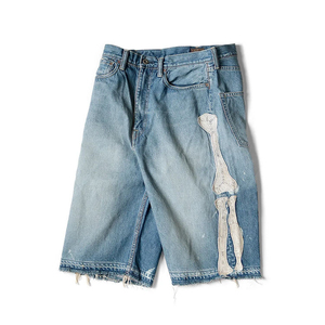 Men Light Wash Denim Shorts Oversized Loose Fit <b>Hip</b> Hop Streetwear Wide Leg Casual Denim Jorts OEM Service Frayed edges - Product Image 3