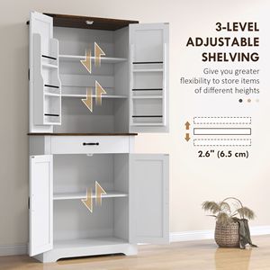 Armadio da Cucina Bianco Alto 180 cm con 6 Ripiani Regolabili e 2 Ante Scorrevoli, Dispensa Stile Rustico con Cassetto - Product Image 6