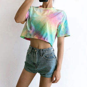 T-shirt court ajusté de haute qualité pour femmes et filles, logo personnalisé, teinture unie, respirant, écologique, style streetwear - Product Image 1