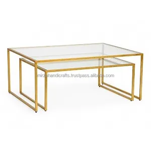 矩形设计金色金属桌玻璃顶现代设计客厅家具金属边桌手工制作