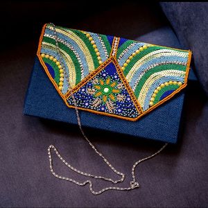 Bolso de mano tipo sobre azul claro con cuentas de semillas, bordado con patrón geométrico, para mujer, para fiesta, boda, estilo étnico - Product Image 6