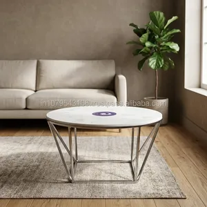 Modern Round Coffee and Side <b>Table</b> with Marble Top and Metal Frame Living Room Furniture Decorative Accent <b>Table</b> - Product Image 3