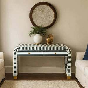 A <b>black</b> and white striped bone inlay <b>console</b> <b>table</b> with brass feet accents, available at wholesale prices Bone Inlay Furniture - Product Image 1