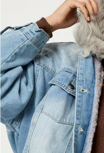 Unisex Jeans Jacket Cotton Lined Hood Standard Winter Casual Eco-Friendly Quick Dry Breathable Regular Fit <b>Covered</b> <b>Button</b> - Product Image 6