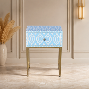Blue Bone Inlay Nightstand Floral Pattern Bedside Cabinet <b>Side</b> Table With <b>Drawers</b> for Bedroom Living Room - Product Image 1