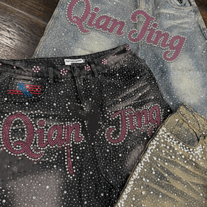 Shorts <span class=keywords><strong>en</strong></span> denim personnalisés pour hommes, style vintage, avec strass sur toute la surface, streetwear de luxe, coupe au niveau du bas, effet délavé au soleil, boucle de ceinture personnalisée - Product Image 2
