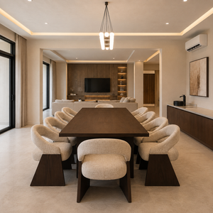 Ensemble de table à manger en bois massif de luxe avec chaises rembourrées, mobilier moderne et contemporain pour villa, hôtel, restaurant, café - Product Image 1