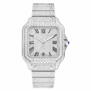 Montre en quartz rectangulaire de luxe sertie de diamants en moissanite, bracelet en acier inoxydable, cadran à chiffres romains, affichage de la date - Product Image 2