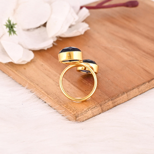 Ink Blue Brass Two Gemstone Fashion <b>Ring</b> for Women Gold Plated Stylish Oval Shape Accessory - Product Image 5