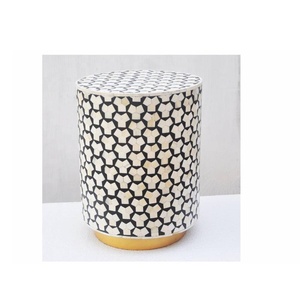 Taburete con incrustaciones de hueso con patrón de Chevron hecho a mano, mesa auxiliar para dormitorio y mesita de noche, acento único para sala de estar - Product Image 5