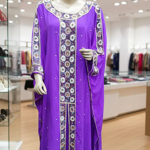 Elegant Royal Purple Embroidered Handmade Custom Design Kaftan Abaya Luxurious Party Intricate <b>Silver</b> Beadwork Breathable - Product Image 1